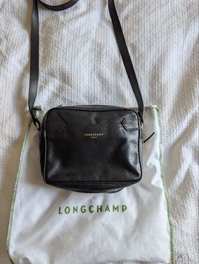 Vintage Longchamp Black Leather Mini Crossbody with Gold Logo